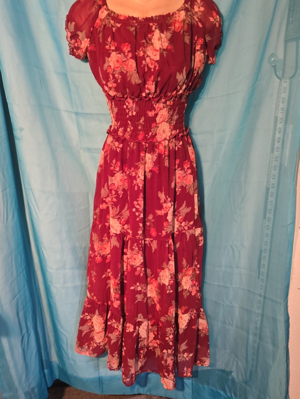 Trixxi Burgundy Floral Smocked Strapless Maxi Dress